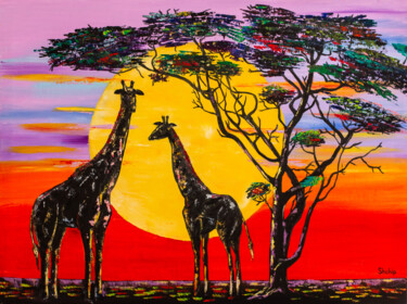 Painting titled "African Giraffes" by Natalia Shchipakina, Original Artwork, Oil Mounted on Wood Stretcher frame