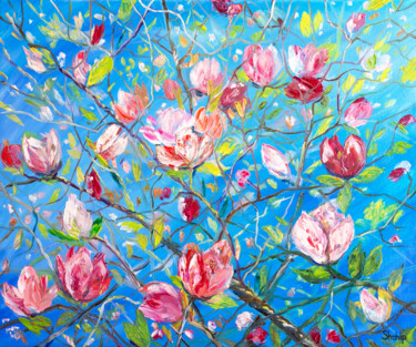 Картина под названием "Blooming Magnolia i…" - Natalia Shchipakina, Подлинное произведение искусства, Масло Установлен на Де…