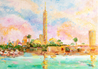 Painting titled "Cairo. City on the…" by Natalia Shchipakina, Original Artwork, Oil Mounted on Wood Stretcher frame