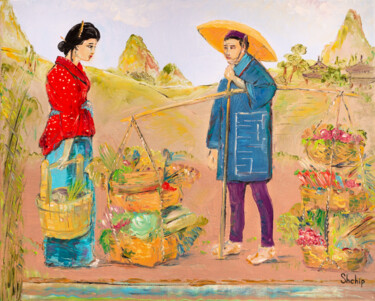 Painting titled "Seller of Vegetable…" by Natalia Shchipakina, Original Artwork, Oil Mounted on Wood Stretcher frame