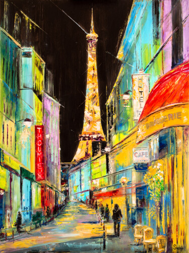 Pintura titulada "Neon Streets of Nig…" por Natalia Shchipakina, Obra de arte original, Oleo Montado en Bastidor de camilla…