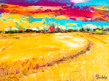 Картина под названием "Mill By The Field U…" - Natalia Shchipakina, Подлинное произведение искусства, Масло Установлен на Де…