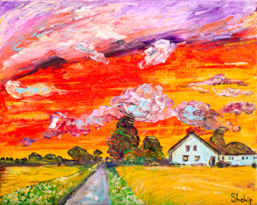 "Sunset Over The Vil…" başlıklı Tablo Natalia Shchipakina tarafından, Orijinal sanat, Petrol Ahşap Sedye çerçevesi üzerine m…