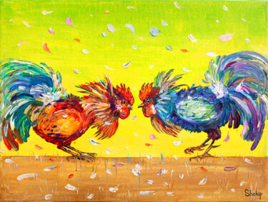 Painting titled "Roosters" by Natalia Shchipakina, Original Artwork, Oil Mounted on Wood Stretcher frame