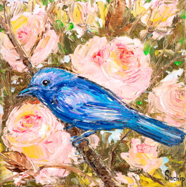 Painting titled "Indigo Bunting. Ame…" by Natalia Shchipakina, Original Artwork, Oil Mounted on Wood Stretcher frame