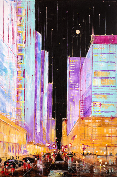 绘画 标题为“Manhattan at Night” 由Natalia Shchipakina, 原创艺术品, 油 安装在木质担架架上
