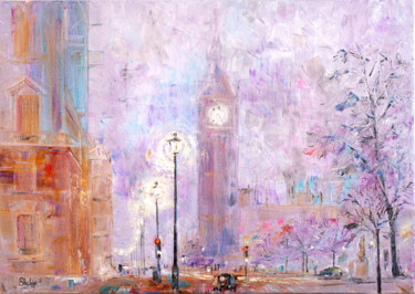 Painting titled "London In a Purple…" by Natalia Shchipakina, Original Artwork, Oil Mounted on Wood Stretcher frame