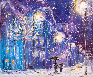 Painting titled "Snowfall At Night" by Natalia Shchipakina, Original Artwork, Oil Mounted on Wood Stretcher frame