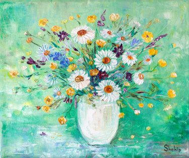 Painting titled "Daisies and Butterc…" by Natalia Shchipakina, Original Artwork, Oil