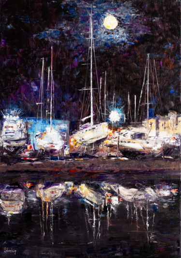 Картина под названием "Night Port In Empur…" - Natalia Shchipakina, Подлинное произведение искусства, Масло Установлен на Де…