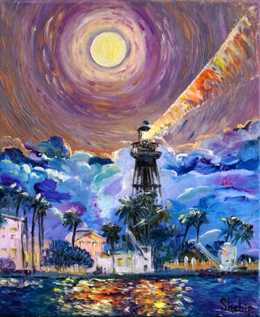 Painting titled "Lighthouse At Nigh" by Natalia Shchipakina, Original Artwork, Oil Mounted on Wood Stretcher frame