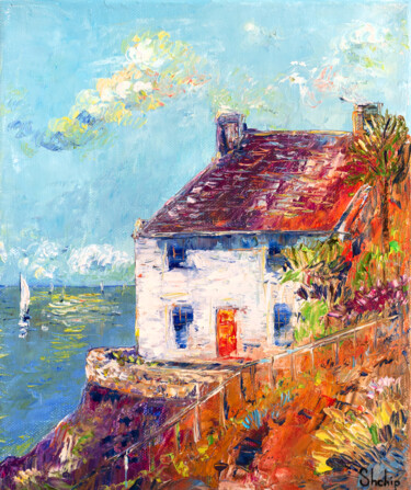 Painting titled "House On The Bay" by Natalia Shchipakina, Original Artwork, Oil Mounted on Wood Stretcher frame