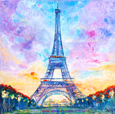 Pittura intitolato "Eiffel Tower. Purpl…" da Natalia Shchipakina, Opera d'arte originale, Olio