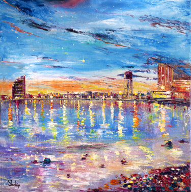 Картина под названием "Barceloneta Beach a…" - Natalia Shchipakina, Подлинное произведение искусства, Масло Установлен на Де…