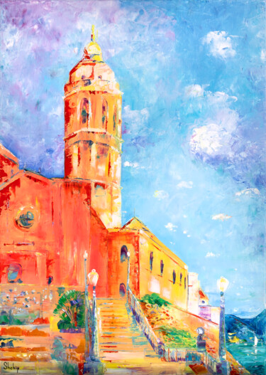 Pintura intitulada "Coral Town. Sitges" por Natalia Shchipakina, Obras de arte originais, Óleo Montado em Armação em madeira