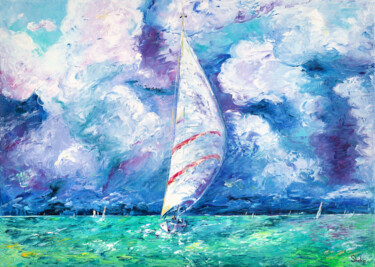Painting titled "Sailboats. Balearic…" by Natalia Shchipakina, Original Artwork, Oil Mounted on Wood Stretcher frame