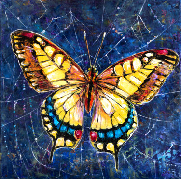 Painting titled "Butterfly on a Сobw…" by Natalia Shchipakina, Original Artwork, Oil Mounted on Wood Stretcher frame