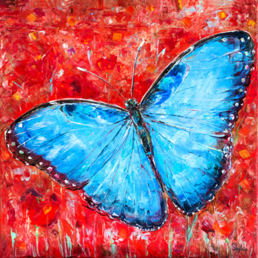 Painting titled "Butterfly Over Popp…" by Natalia Shchipakina, Original Artwork, Oil Mounted on Wood Stretcher frame
