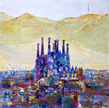 Painting titled "Barcelona at Dawn" by Natalia Shchipakina, Original Artwork, Oil Mounted on Wood Stretcher frame