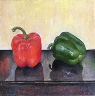 Painting titled "Deux poivrons" by Natalia Simonyan, Original Artwork, Oil Mounted on Wood Stretcher frame