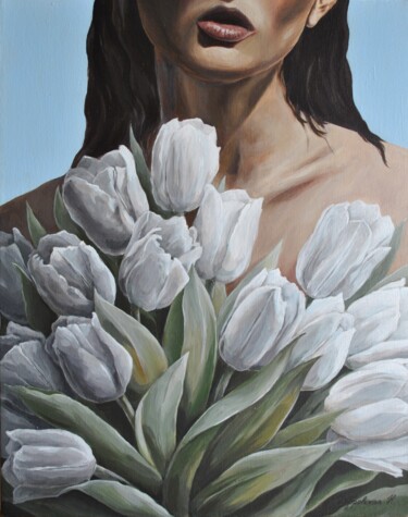 Painting titled "Girl with tulips" by Nataliia Dubrovskaia, Original Artwork, Acrylic