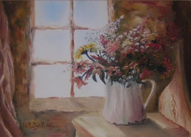 Painting titled "Flowers and window" by Natalija Pantović, Original Artwork, Oil