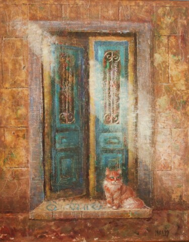 Pintura intitulada "Old door and a cat" por Natalie Aleksejeva (NatalieVerve), Obras de arte originais, Óleo