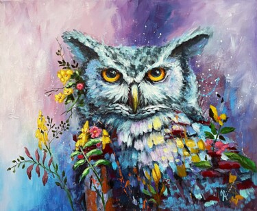 绘画 标题为“Flower Owl 5.” 由Natalie Aleksejeva (NatalieVerve), 原创艺术品, 丙烯 安装在木质担架架上