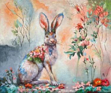 「Flower Hare」というタイトルの絵画 Natalie Aleksejeva (NatalieVerve)によって, オリジナルのアートワーク, オイル ウッドストレッチャーフレームにマウント