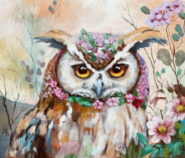 「Flower Owl 11」というタイトルの絵画 Natalie Aleksejeva (NatalieVerve)によって, オリジナルのアートワーク, アクリル