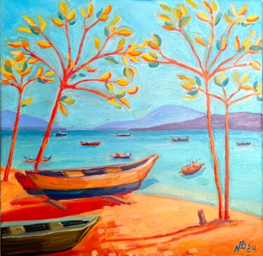 Peinture intitulée "Rawai. Boats" par Natalie Bocharova (Charova), Œuvre d'art originale, Huile Monté sur Châssis en bois