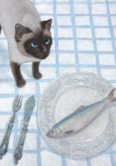 Drawing titled "Cat and Herring" by Natalie Levkovska, Original Artwork, Gouache