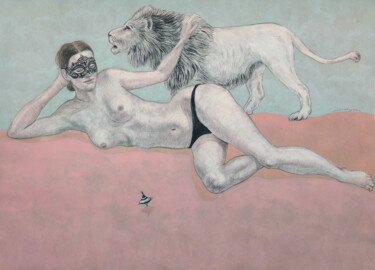 Disegno intitolato "Virgin and Lion" da Natalie Levkovska, Opera d'arte originale, Gouache