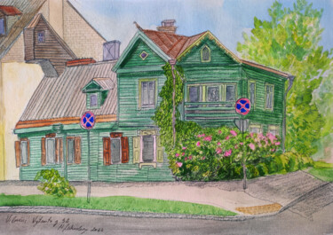 Drawing titled "Old Green wooden ho…" by Natalie Levkovska, Original Artwork, Watercolor