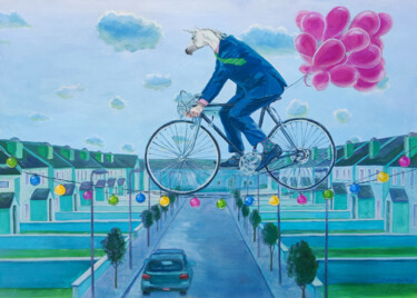 Drawing titled "Cycling above a sle…" by Natalie Levkovska, Original Artwork, Gouache