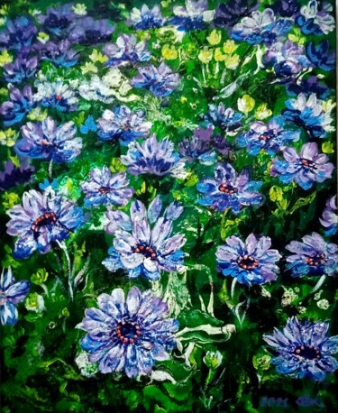 Painting titled ",, Blue flowers,," by Natalie Rybka, Original Artwork, Oil Mounted on Wood Stretcher frame