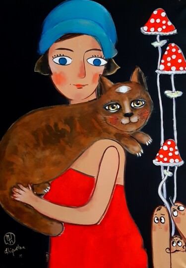 绘画 标题为“Blue hat and  red m…” 由Natalie Shiporina, 原创艺术品, 丙烯 安装在木质担架架上