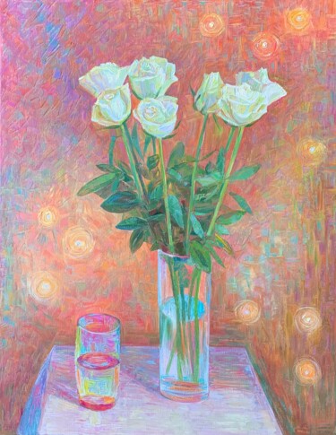 Peinture intitulée "Rosas Blancas en Lu…" par Nataliia Babotenko, Œuvre d'art originale, Huile Monté sur Châssis en bois