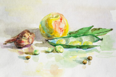 Pintura titulada "Etude apple-pea-gar…" por Nataliia Belozerova, Obra de arte original, Acuarela