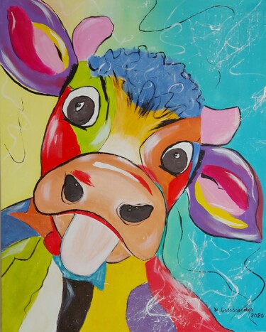 Painting titled "Funny Cow (Milka)" by Nataliia Goloborodko, Original Artwork, Acrylic Mounted on Wood Stretcher frame