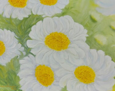 Painting titled "Daisy Meadow" by Nataliia Goloborodko, Original Artwork, Oil Mounted on Wood Stretcher frame