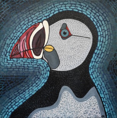 Pittura intitolato "Puffin" da Nataliia Nikulina, Opera d'arte originale, Olio Montato su Telaio per barella in legno