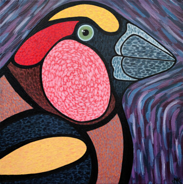 Painting titled "green-eyed bird" by Nataliia Nikulina, Original Artwork, Oil Mounted on Wood Stretcher frame