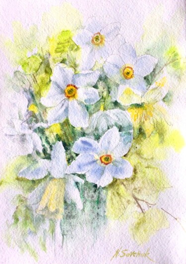 Painting titled "Spring Daffodils." by Nataliia Savchuk, Original Artwork, Watercolor