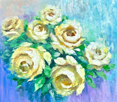 Malarstwo zatytułowany „Yellow roses” autorstwa Nataliia Stashkevych, Oryginalna praca, Olej Zamontowany na Drewniana rama n…