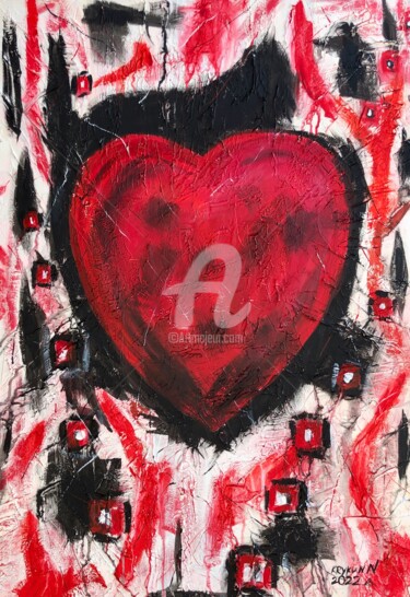 Malarstwo zatytułowany „Red heart of lovers…” autorstwa Nataliia Krykun, Oryginalna praca, Akryl Zamontowany na Drewniana ra…