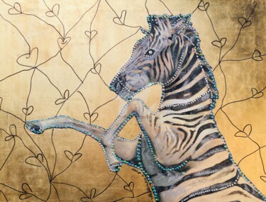 「„Golden zebra“ , gi…」というタイトルの製版 Nataliia Krykunによって, オリジナルのアートワーク, アクリル ウッドストレッチャーフレームにマウント