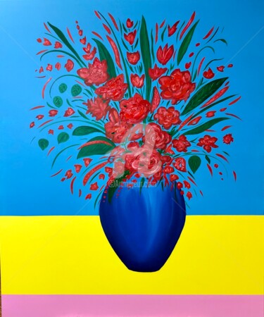 "A bouquet of red fl…" başlıklı Tablo Nataliia Krykun tarafından, Orijinal sanat, Akrilik Ahşap Sedye çerçevesi üzerine mont…