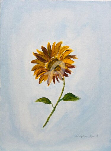 Painting titled "Sunflower in Air," by Nataliia Krykun, Original Artwork, Acrylic Mounted on Cardboard