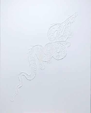 Schilderij getiteld "White dragon 3d - t…" door Nataliia Krykun, Origineel Kunstwerk, Gips Gemonteerd op Frame voor houten b…